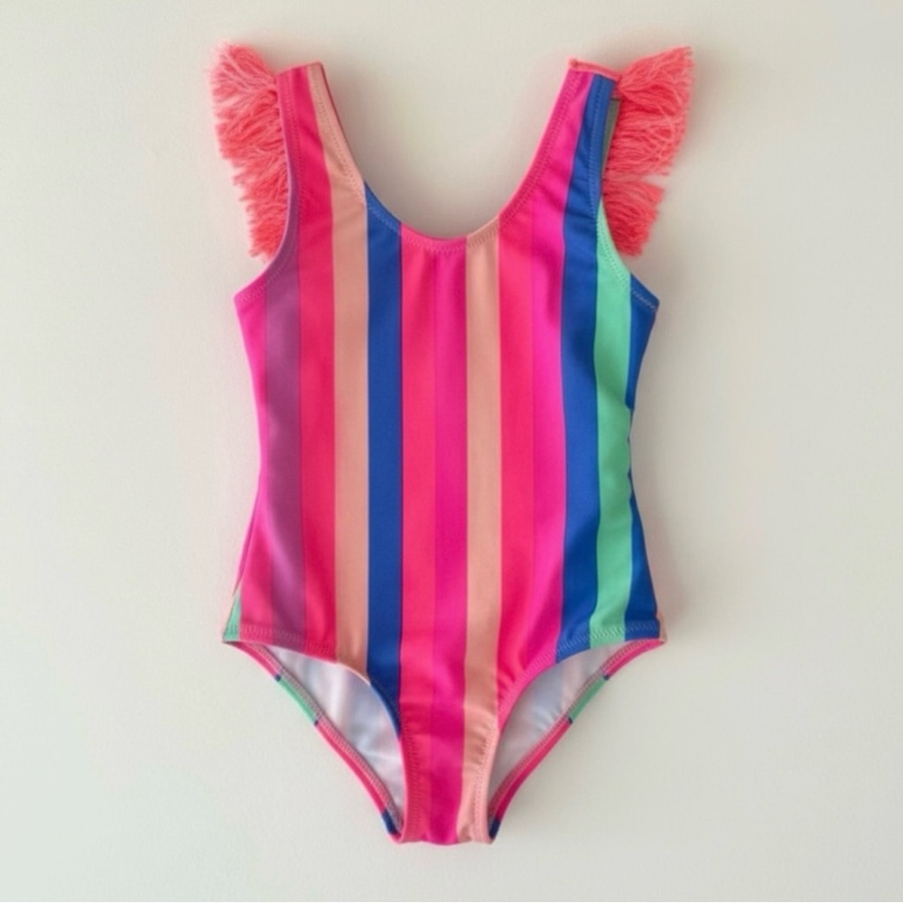 Shade Critters Rainbow Fringe One-Piece Swimsuit Girls 2T Pink Blue Stripe